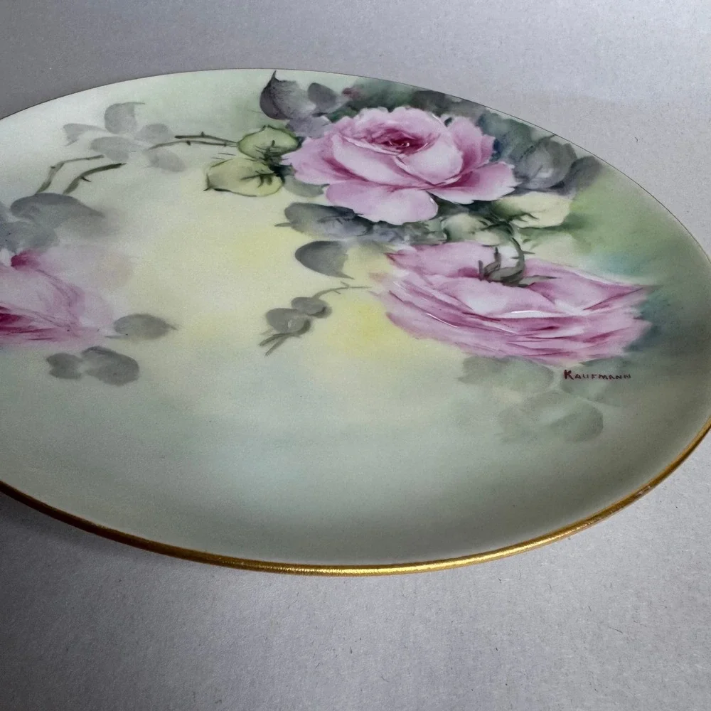 Haviland France‎ Limoges Hand Painted Pink Rose Plate Signed Kaufmann Gold Trim